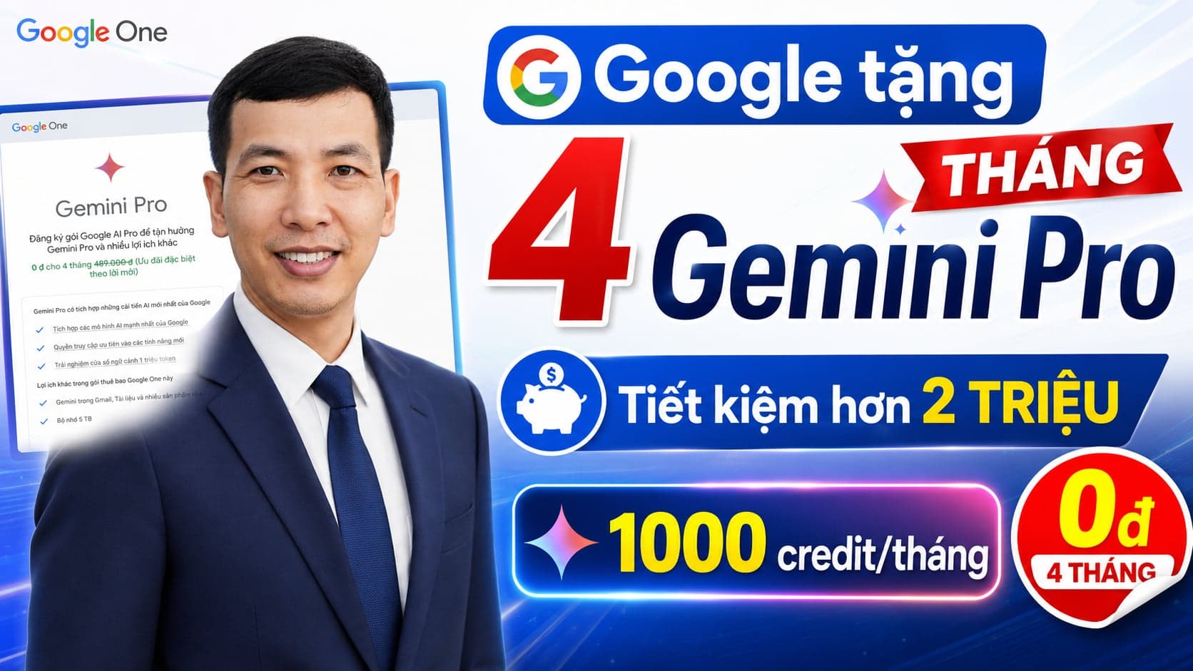 Google tặng 4 tháng Gemini Pro miễn phí — Tiết kiệm hơn 2 triệu, 1000 credit/tháng
