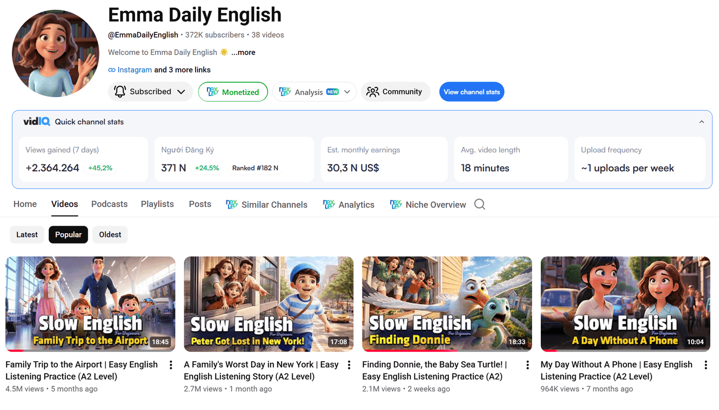 YouTube Channel Emma Daily English — 372K subs, 30.3K USD/tháng